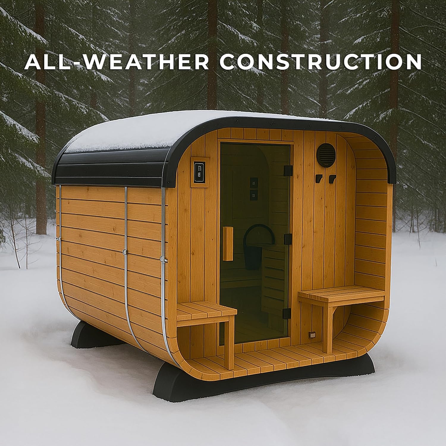 Lennon 2-4 Person Traditional Cedar Outdoor Cube Sauna with Porch, Electric Sauna Heater, Sauna Rocks, Dry Heat, Steam Sauna, LED Lights, Wi-Fi Control, Sauna Accessories