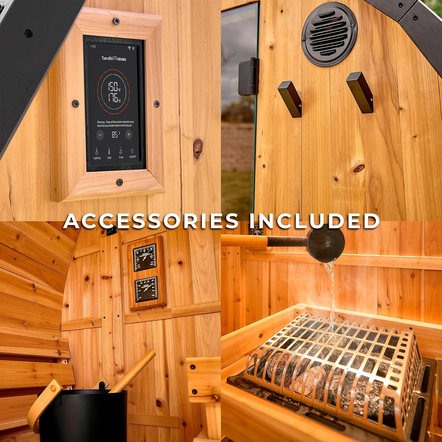 Paxton 4-6 Person Traditional Cedar Outdoor Barrel Sauna with Electric Sauna Heater, Front Porch, Sauna Rocks, Dry Heat, Steam Sauna, LED Lights, Wi-Fi Panel, Sauna Accessories