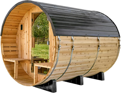 Paxton 4-6 Person Traditional Cedar Outdoor Barrel Sauna with Electric Sauna Heater, Front Porch, Sauna Rocks, Dry Heat, Steam Sauna, LED Lights, Wi-Fi Panel, Sauna Accessories