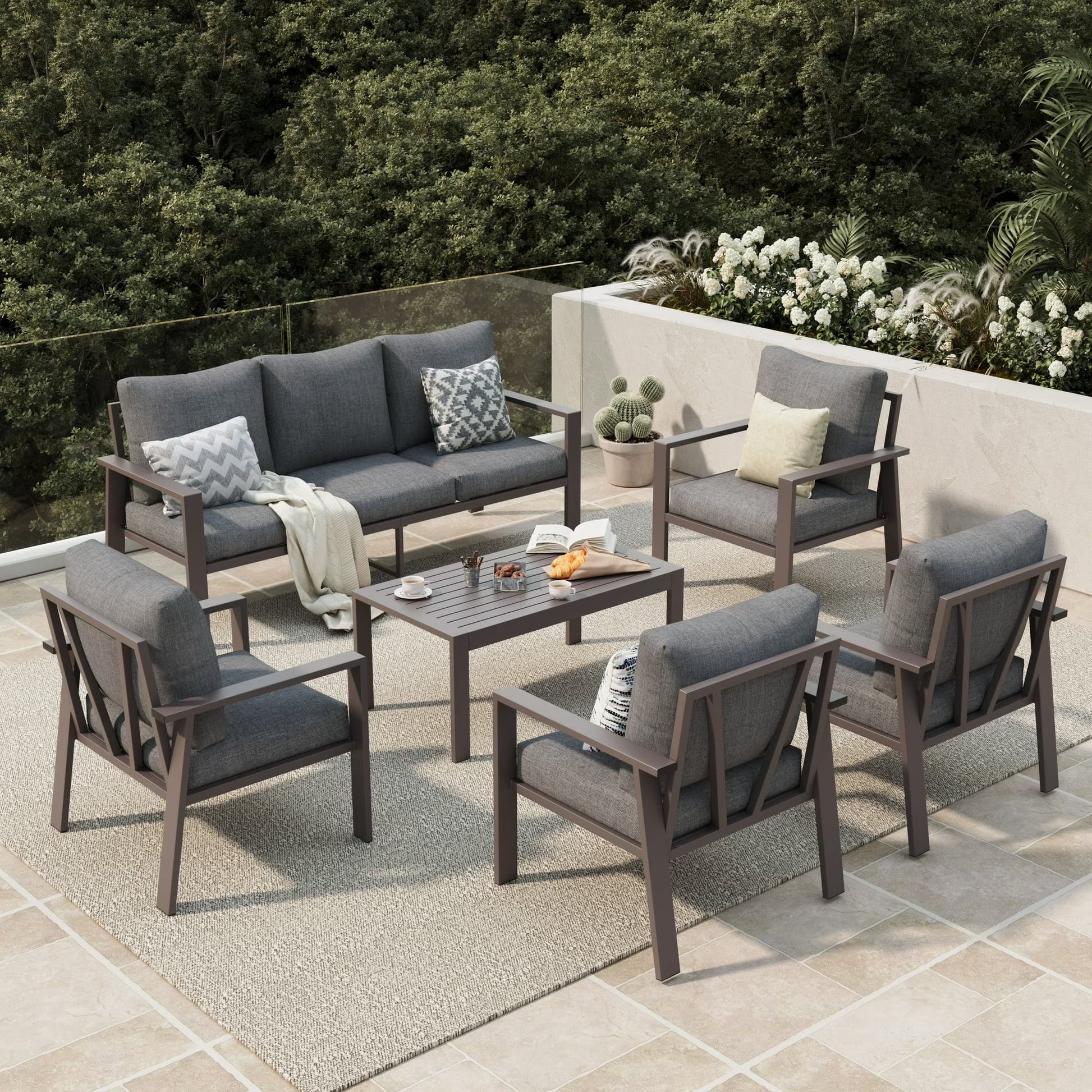 Aluminum Patio Furniture Set, Contemporary Outdoor Couch Set, Aluminum Patio Conversation Set, Gray