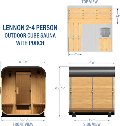 Lennon 2-4 Person Traditional Cedar Outdoor Cube Sauna with Porch, Electric Sauna Heater, Sauna Rocks, Dry Heat, Steam Sauna, LED Lights, Wi-Fi Control, Sauna Accessories