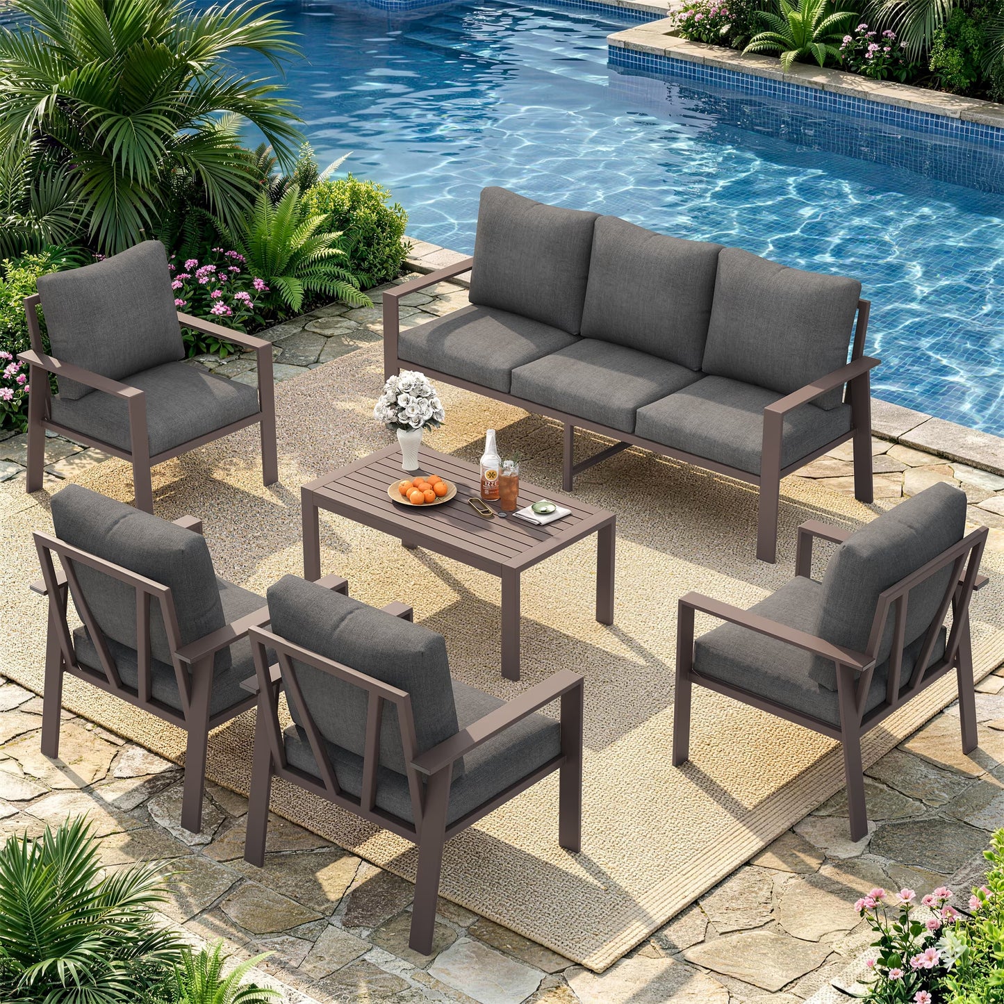 Aluminum Patio Furniture Set, Contemporary Outdoor Couch Set, Aluminum Patio Conversation Set, Gray
