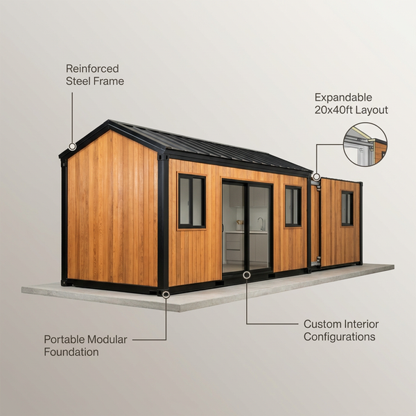 Prefab Modular Home Built for Portable Living, 20x40ft Expandable, Steel Frame, Custom Layouts — infographic