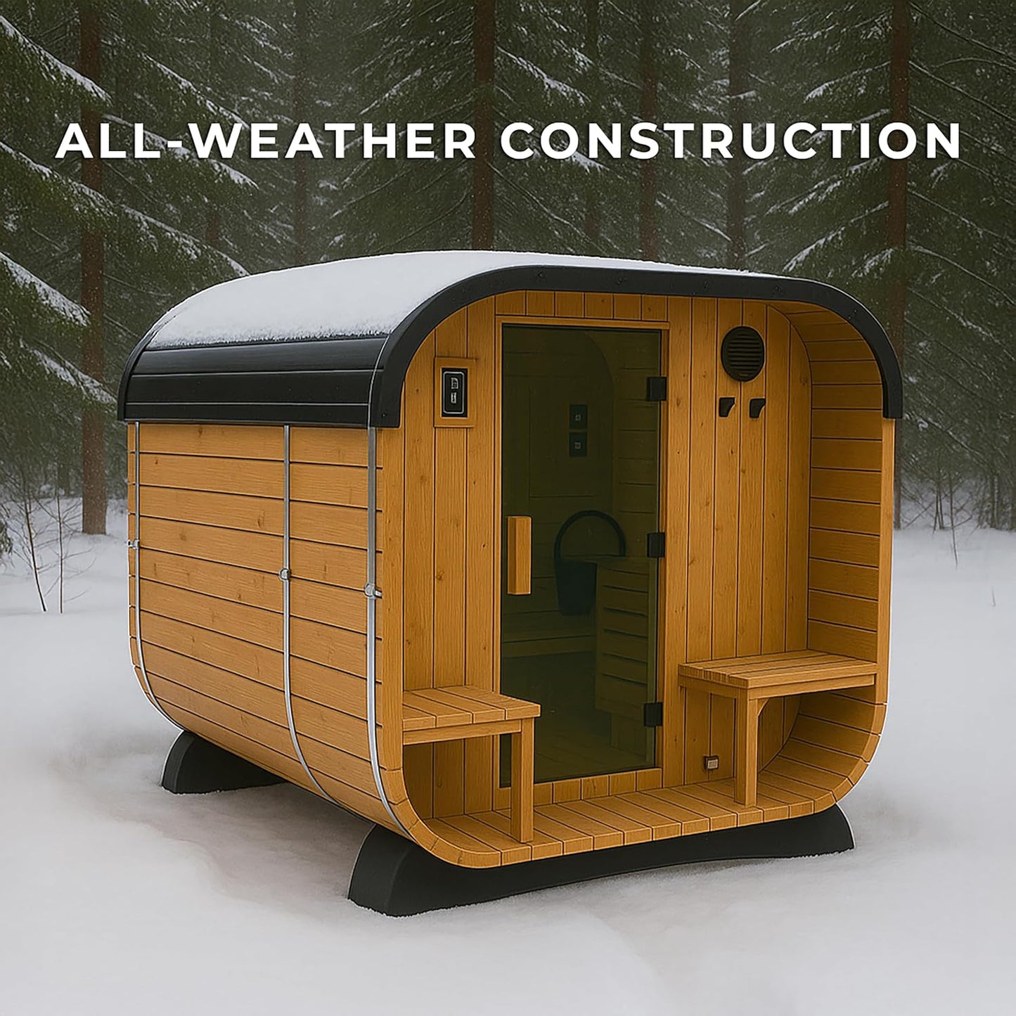 Lennon 2-4 Person Traditional Cedar Outdoor Cube Sauna with Porch, Electric Sauna Heater, Sauna Rocks, Dry Heat, Steam Sauna, LED Lights, Wi-Fi Control, Sauna Accessories