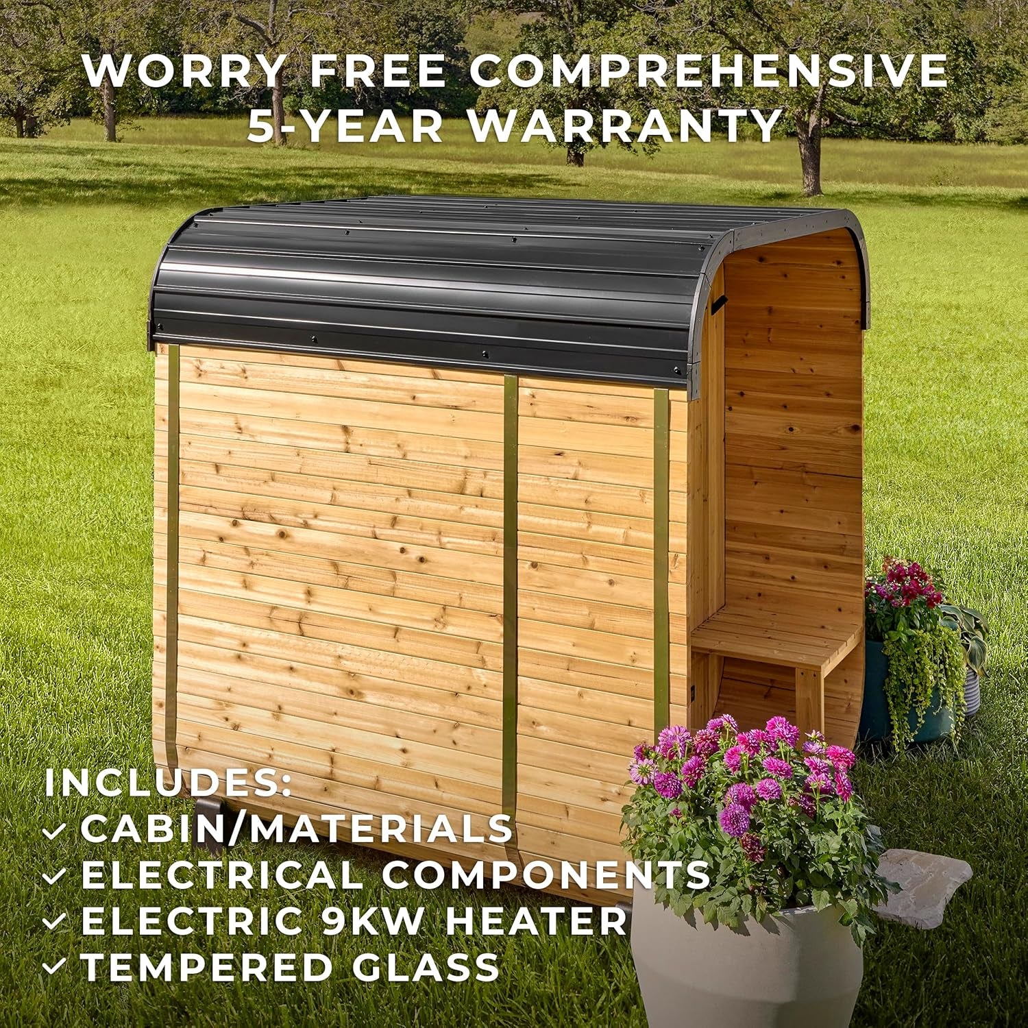 Lennon 2-4 Person Traditional Cedar Outdoor Cube Sauna with Porch, Electric Sauna Heater, Sauna Rocks, Dry Heat, Steam Sauna, LED Lights, Wi-Fi Control, Sauna Accessories