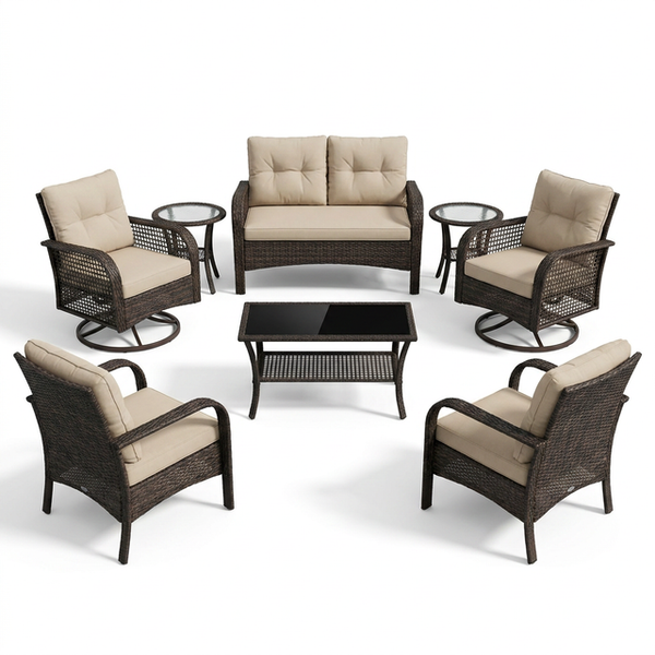 8 Pieces Patio Furniture Sets with Swivel Rocking Chairs,High-Back Rattan Patio Outdoor Conversation Set with 2-Seat Sofa & Coffee Table for Porch Deck Backyard Poolside — Studio Shot