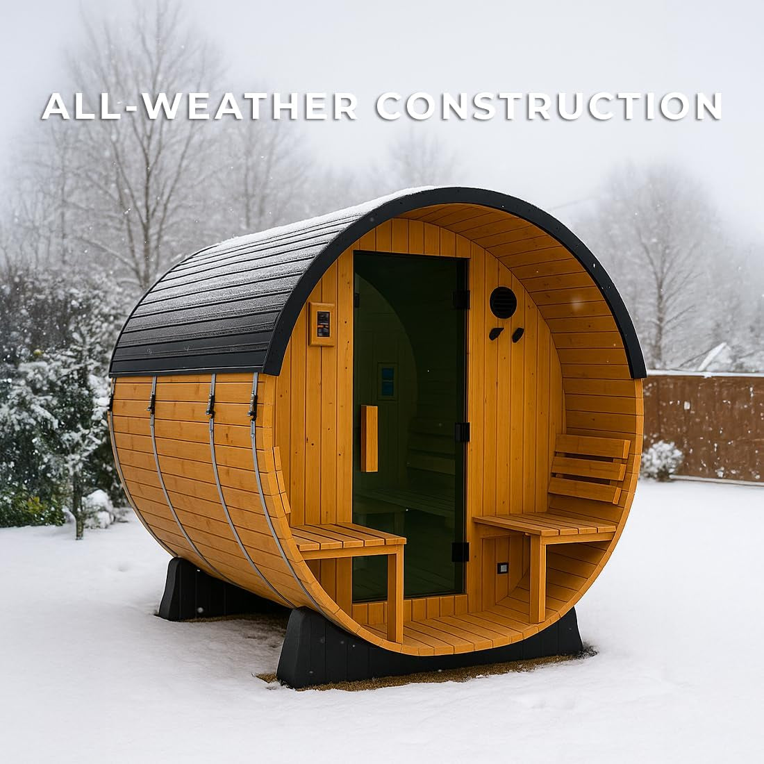 Paxton 4-6 Person Traditional Cedar Outdoor Barrel Sauna with Electric Sauna Heater, Front Porch, Sauna Rocks, Dry Heat, Steam Sauna, LED Lights, Wi-Fi Panel, Sauna Accessories