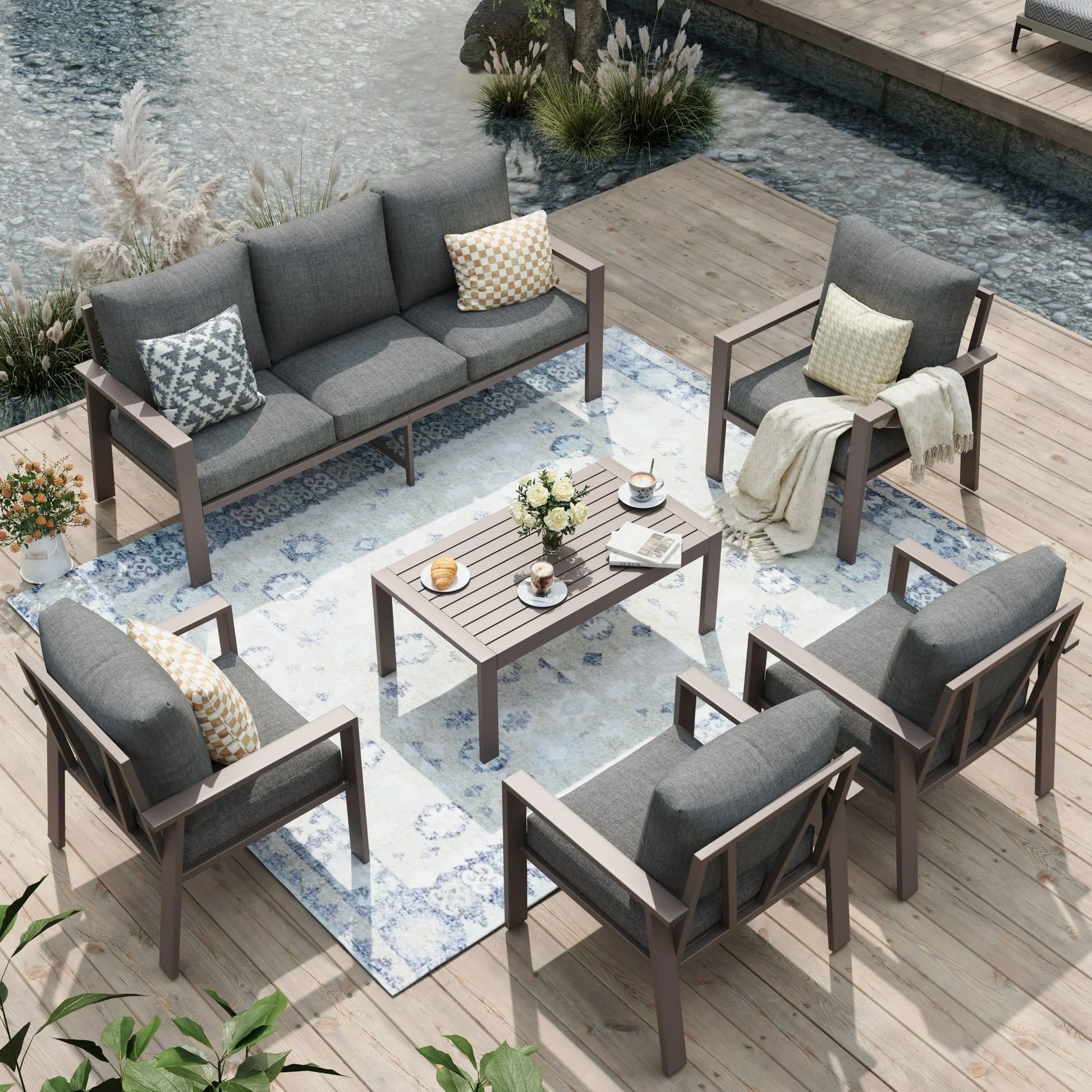 Aluminum Patio Furniture Set, Contemporary Outdoor Couch Set, Aluminum Patio Conversation Set, Gray