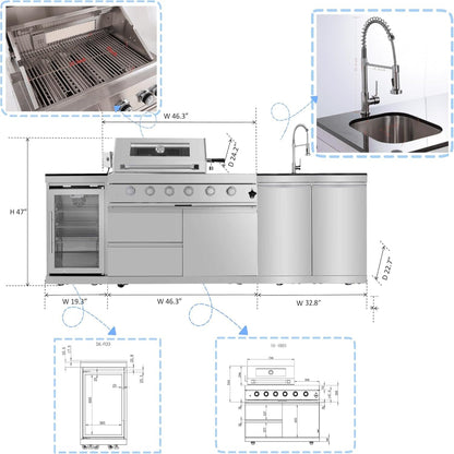 BBQ Island Outdoor Kitchen Kits, 4-Burner 72000 BTU Stainless Steel Modular 98 Inch Natural Gas Outdoor Kitchen Bar Barbecue Island Grill with Refrigerator and Sink for Patio Backyard