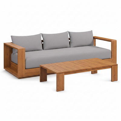 Tahoe Acacia Wood 2-Piece Outdoor Patio Furniture Set in Natural Light Gray - Includes Sofa with Weather-Resistant Cushions and Coffee Table