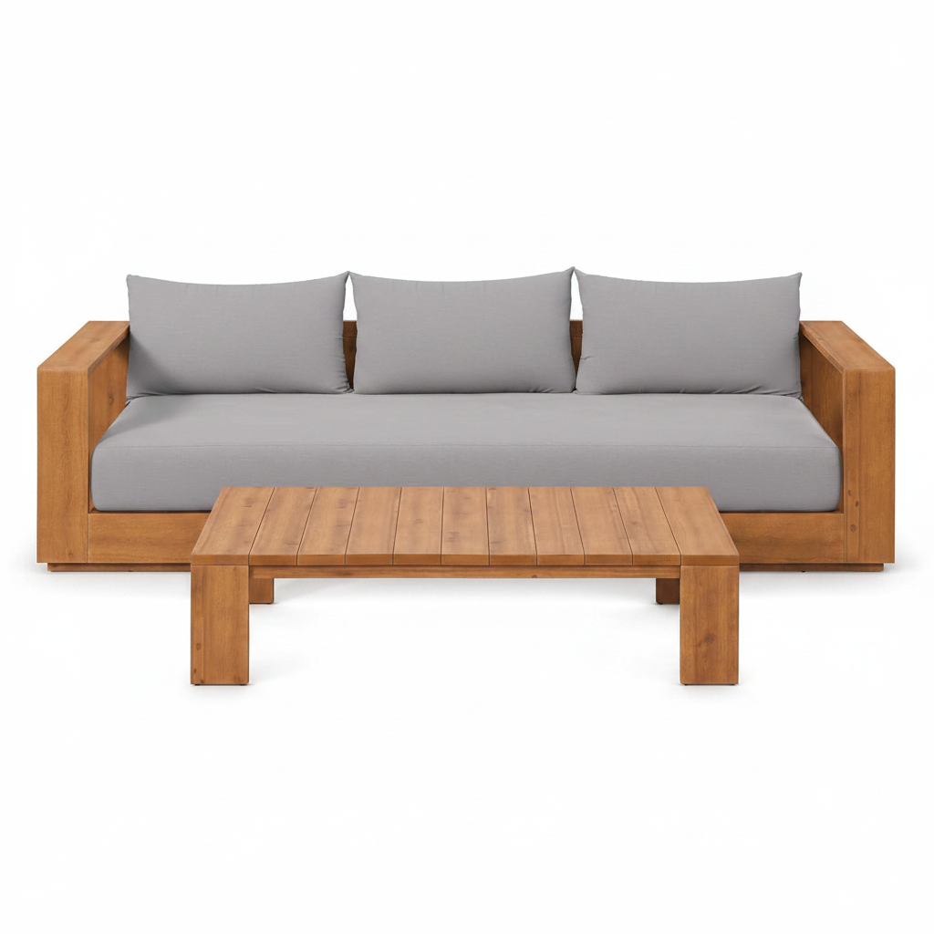Tahoe Acacia Wood 2-Piece Outdoor Patio Furniture Set in Natural Light Gray - Includes Sofa with Weather-Resistant Cushions and Coffee Table